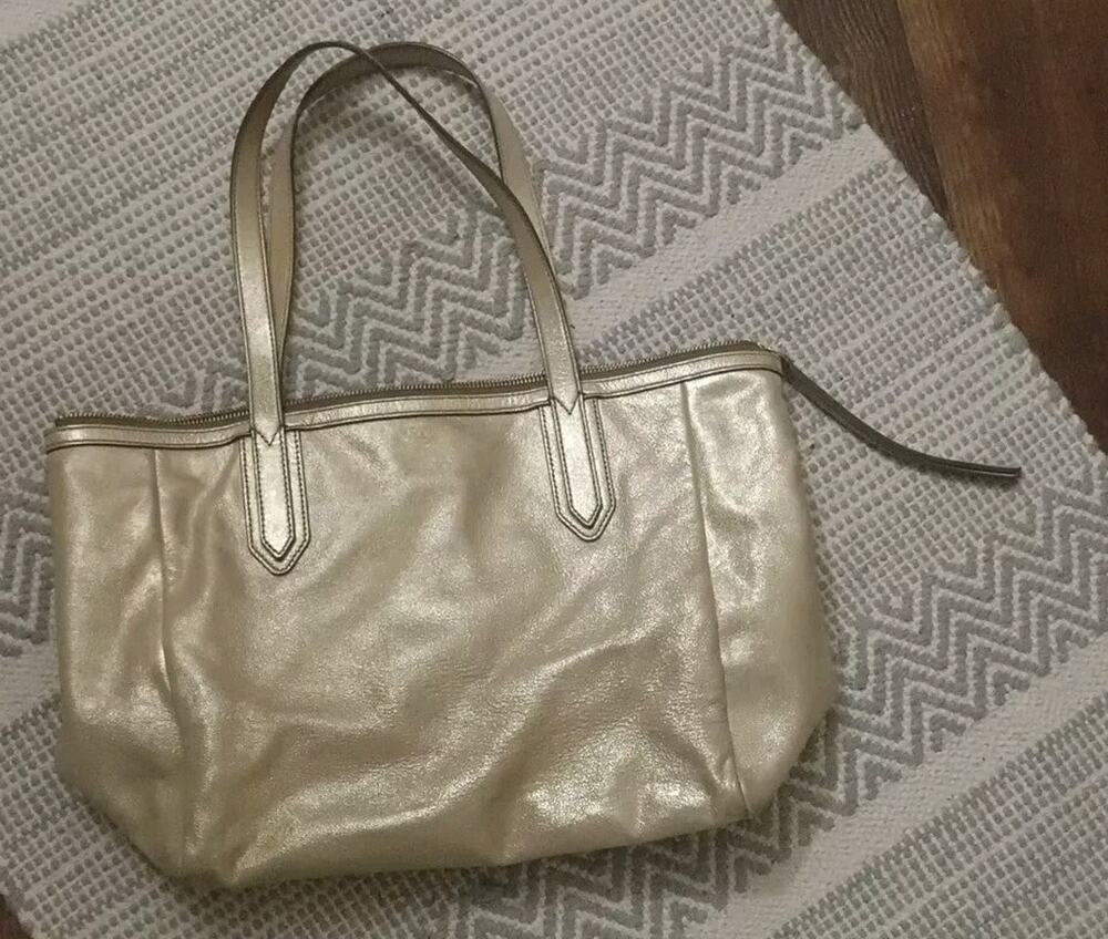 Fossil Sydney Soft Gold Metallic Leather Tote Bag Vintage Shoulder Bag